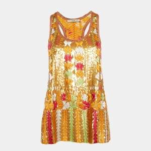 Etro Orange Sequin Embroidered Silk Tank Top S