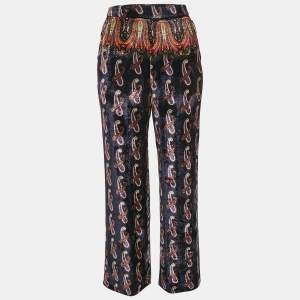 Etro Navy Blue Paisley Print Velvet Wide Leg Trousers S