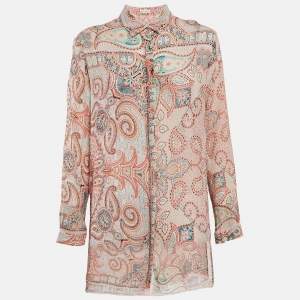 Etro Orange Paisley Print Crinkled Chiffon Shirt L