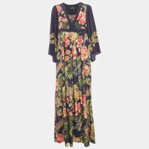Etro Navy Blue Floral Print Silk Pleated Maxi Dress L