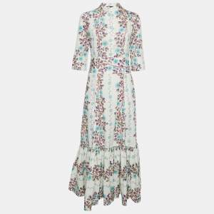Etro White Floral Print Cotton Gathered Maxi Dress M