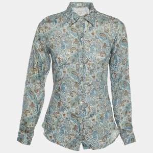 Etro Blue Paisley Print Ramie Button Front Shirt S 