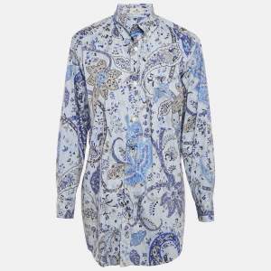 Etro Blue Printed Cotton Blend Button Front Shirt XS