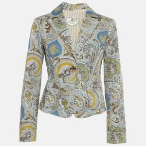 Pre Owned Etro Grey Paisley Print Cotton Single Breasted Blazer M  