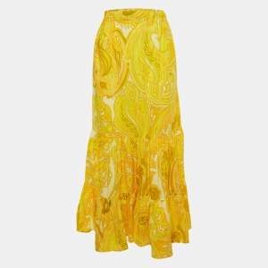 Pre Owned Etro Yellow Paisley Print Cotton Maxi Skirt M 