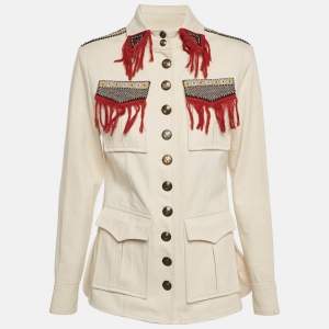 Pre Owned Etro Off-White Herringbone Cotton Patchwork Detail Button Front Jacket S