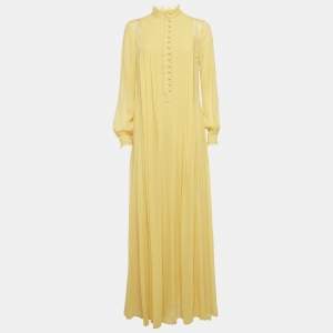 Pre Owned Etro Yellow Silk Georgette Lace Detail Pleated Maxi Dress XS  