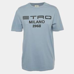 Pre Owned Etro Blue Logo Print Crewneck T-Shirt S
