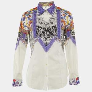 مملوكة مسبقًا قميص ايترو قطن طباعة بايزلي أبيض/أرجواني بأزرار أمامية مقاس كبير ( لارج )