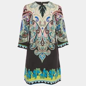 مملوكة مسبقًا Etro Black/Green Paisley Print Silk Shift Dress M