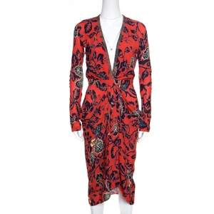 Etro Red Floral Print Embellished Plunge Neck Detail Draped Midi Dress S