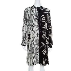 Pre Owned Etro Monochrome Paisley and Leaf Printed Silk Crepe de Chine Dress M