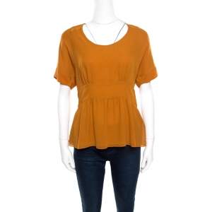 Pre Owned Etro Mustard Brown Silk Smocked Waist Short Sleeve Top L