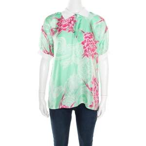 Etro Mint Green and Pink Floral Printed Silk Polo T-Shirt M