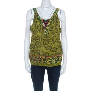 Etro Lime Green Snakeskin Print Silk Embellished Sleeveless Top L