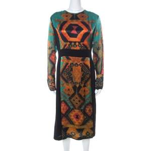 Pre Owned Etro Black & Multicolor Ikat Print Satin & Crepe Full Sleeve Dress M