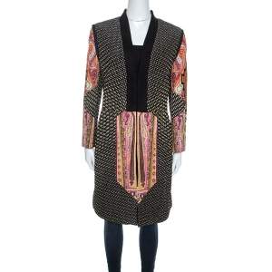 Pre Owned Etro Black Printed Textured Silk Long Sleeve Coat L