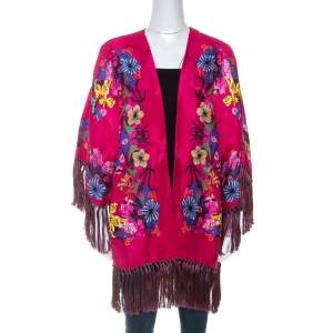 Pre Owned Etro Pink Floral Print Crepe Fringe Trim Kimono One Size