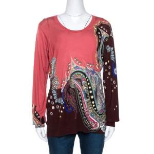 Pre Owned Etro Coral Pink Paisley Print Cashmere Silk Knit Top XL