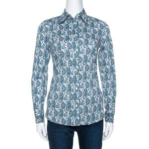 Pre Owned Etro Teal Blue Paisley Printed Stretch Cotton Shirt S 