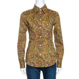 Etro Yellow Paisley Print Stretch Cotton Contrast Trim Shirt S