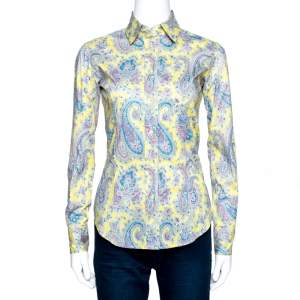 Etro Lemon Yellow Paisley Print Stretch Cotton Shirt S
