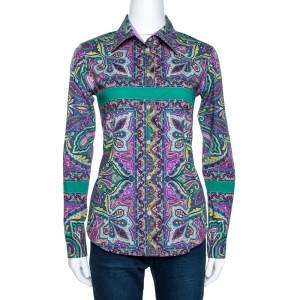 Etro Purple & Green Paisley Print Stretch Cotton Shirt S