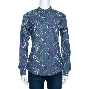 Pre Owned Etro Blue Paisley Print Stretch Cotton Chambray Shirt S