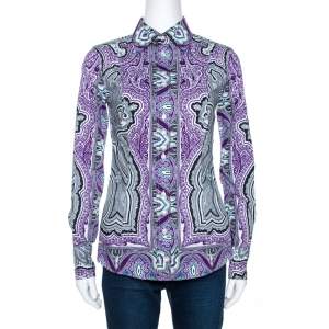 Pre Owned Etro Purple & Black Paisley Print Stretch Cotton Shirt S