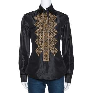 Pre Owned Etro Black Silk Hand Embroidered & Embellished Shirt M