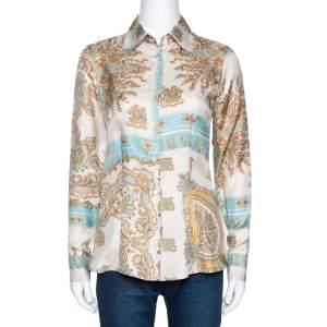 Pre Owned Etro Cream and Teal Paisley Print Silk Long Sleeve Shirt S