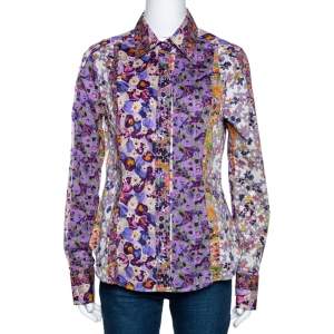 Etro Purple Floral Printed Stretch Cotton Button Front Shirt L