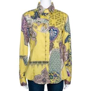 Pre Owned Etro Yellow Paisley Printed Stretch Cotton Button Front Shirt L