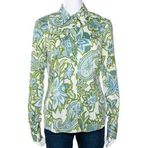 Etro Blue & Green Paisley Printed Stretch Cotton Button Front Shirt L