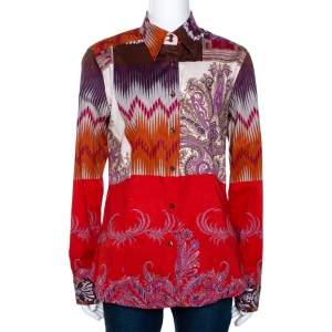 Etro Orange & Fuschia Ikat Floral Printed Stretch Cotton Button Front Shirt L