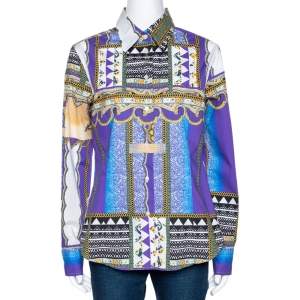 Etro Purple Tribal Paisley Printed Stretch Cotton Button Front Shirt L