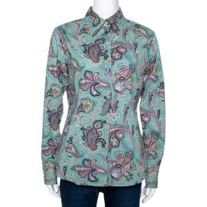 Pre Owned Etro Jade Green Floral Paisley Print Stretch Cotton Long Sleeve Shirt L