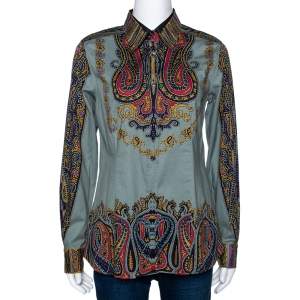 Etro Sage Green Paisley Print Stretch Cotton Long Sleeve Shirt L