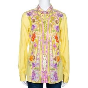 Pre Owned Etro Yellow Floral Paisley Printed Cotton Button Front Shirt L