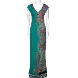 Etro Green Paisley Printed Stretch Crepe Bead Embellished Maxi Dress S 