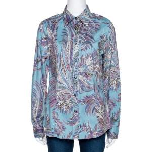 Pre Owned Etro Teal Paisley Print Stretch Cotton Long Sleeve Shirt L