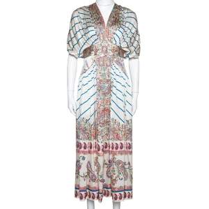 Pre Owned Etro Cream Striped & Paisley Print Silk Gathered Midi Dress S