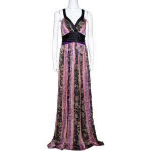 Pre Owned Etro Black Paneled Floral Print Silk Halter Neck Maxi Dress M