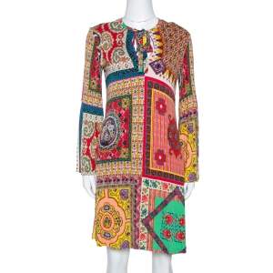 Pre Owned Etro Multicolor Patchwork Print Jersey V-Neck Shift Dress S