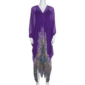 Pre Owned Etro Purple Paisley Border Printed Sheer Silk Maxi Kaftan ( One Size )