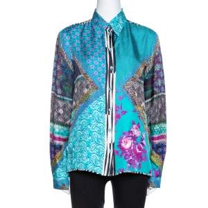 Etro Teal Blue Floral Print Silk Long Sleeve Shirt M