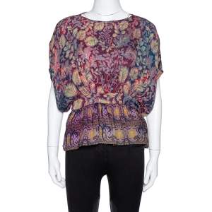 Etro Purple Leaf Print Silk Chiffon Peplum Blouse S