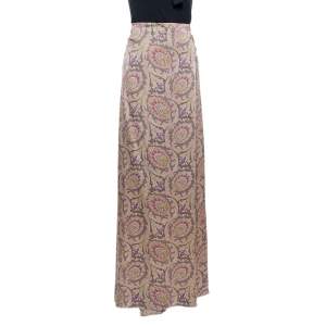 Pre Owned Etro Greige Paisley Print Silk Satin Maxi Skirt L