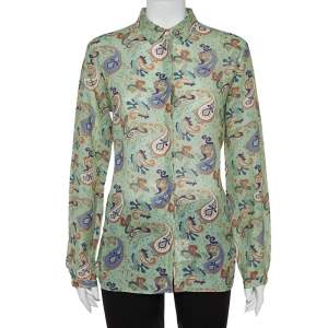 Pre Owned Etro Green Ramie Paisley Print Button Front Shirt L