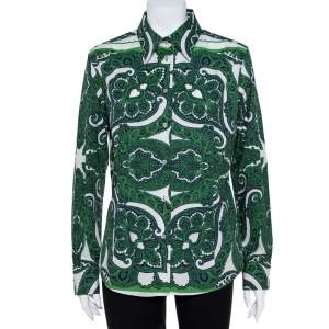 Pre Owned Etro Green Stretch Cotton Paisley Print Button front Shirt XL